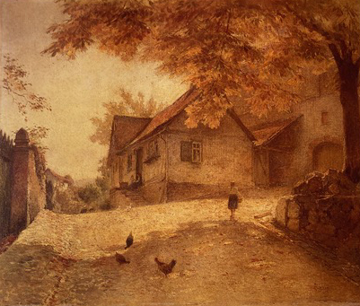 - Dorfstraße in Wersau im Odenwald - heißt dieses Ölgemälde des Darmstädter Hofmalers Heinrich Reinhard Kröh (1841-1941). Es entstand um 1920.
